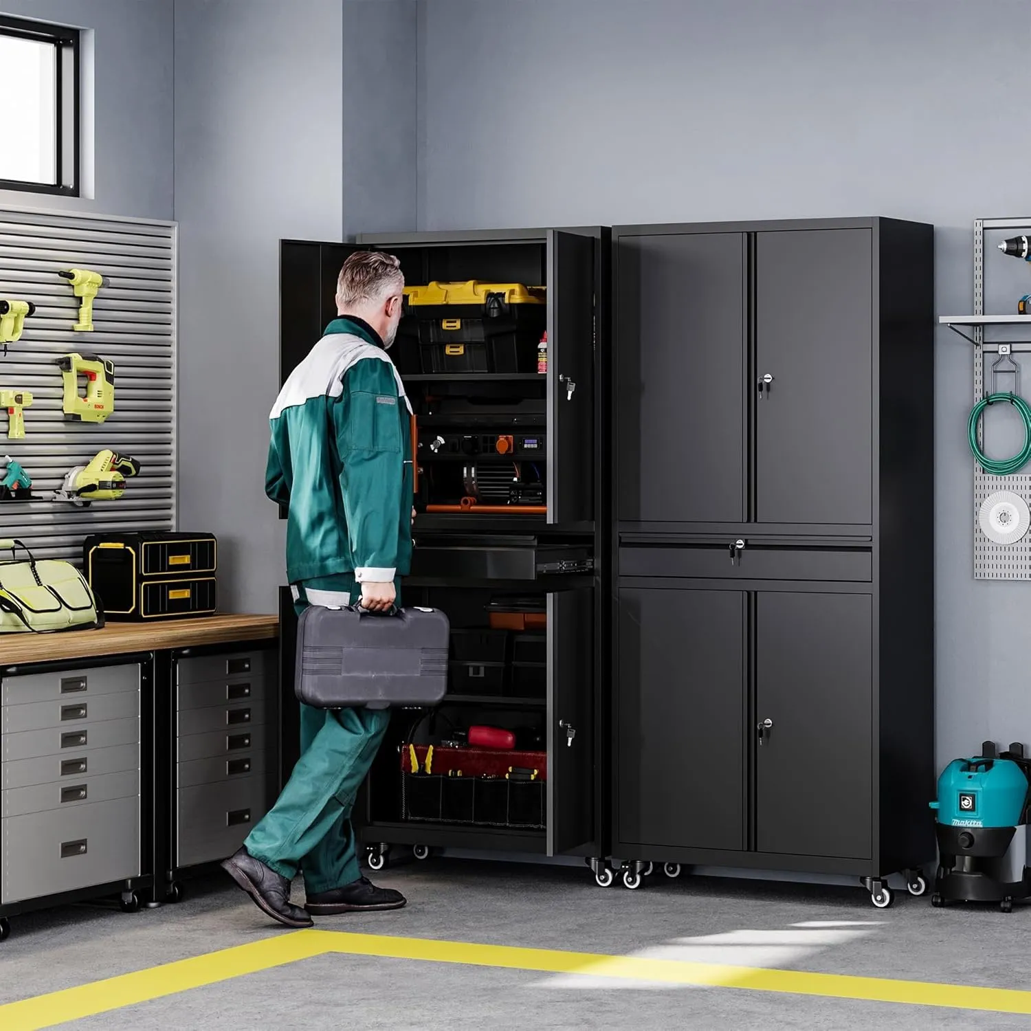 Letaya Metal Garage Storage Cabinet with Wheels,Rolling Tool Cabinet with 4 Door Lock-Adjustable Shelves and 1 Drawer for Garage Home Office Utility Room (Black with Wheels)