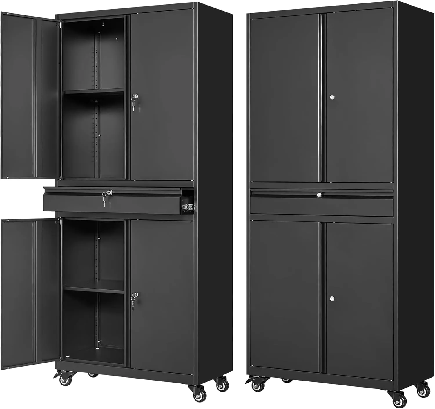 Letaya Metal Garage Storage Cabinet with Wheels,Rolling Tool Cabinet with 4 Door Lock-Adjustable Shelves and 1 Drawer for Garage Home Office Utility Room (Black with Wheels)