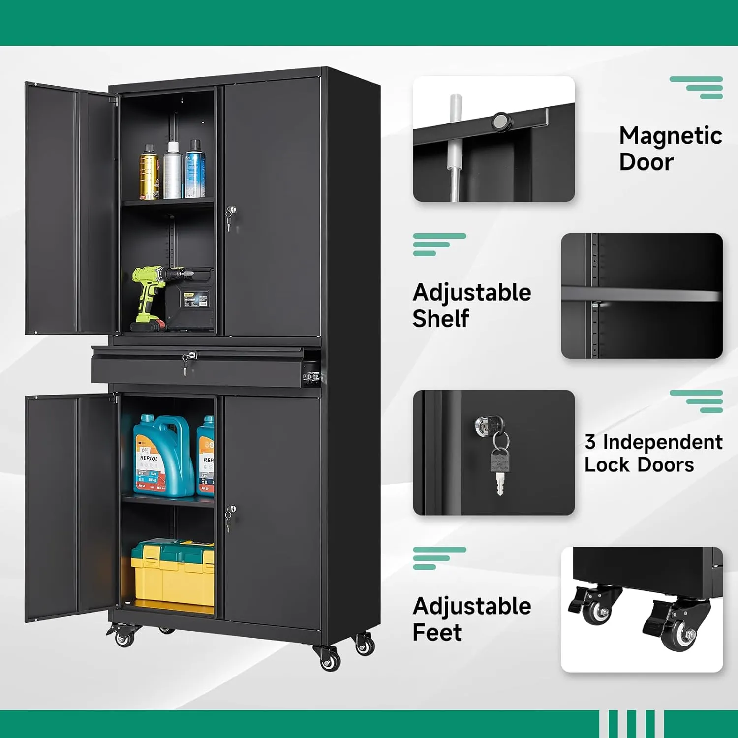 Letaya Metal Garage Storage Cabinet with Wheels,Rolling Tool Cabinet with 4 Door Lock-Adjustable Shelves and 1 Drawer for Garage Home Office Utility Room (Black with Wheels)