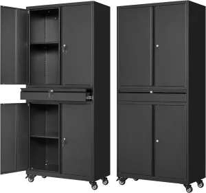 Letaya Metal Garage Storage Cabinet with Wheels,Rolling Tool Cabinet with 4 Door Lock-Adjustable Shelves and 1 Drawer for Garage Home Office Utility Room (Black with Wheels)