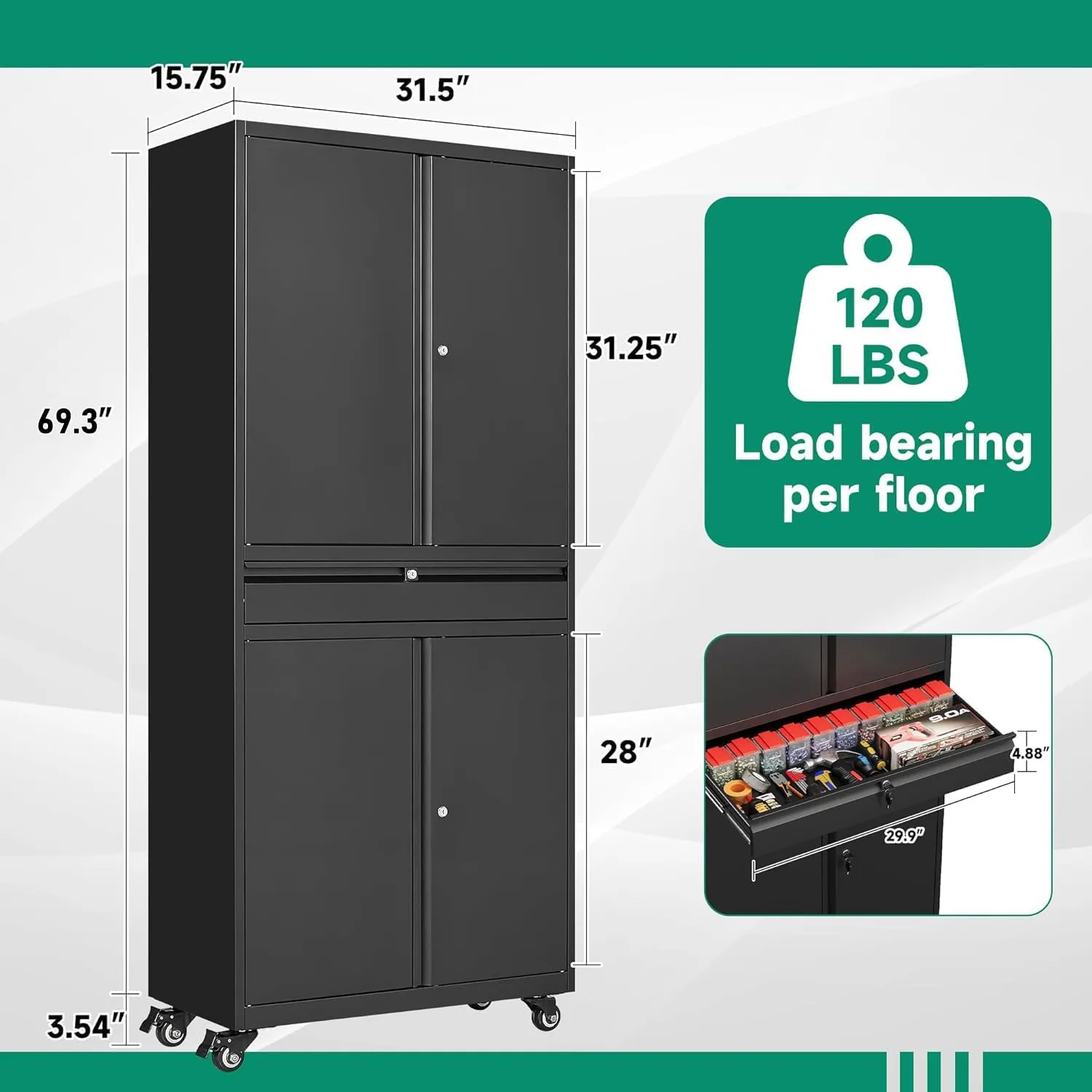 Letaya Metal Garage Storage Cabinet with Wheels,Rolling Tool Cabinet with 4 Door Lock-Adjustable Shelves and 1 Drawer for Garage Home Office Utility Room (Black with Wheels)