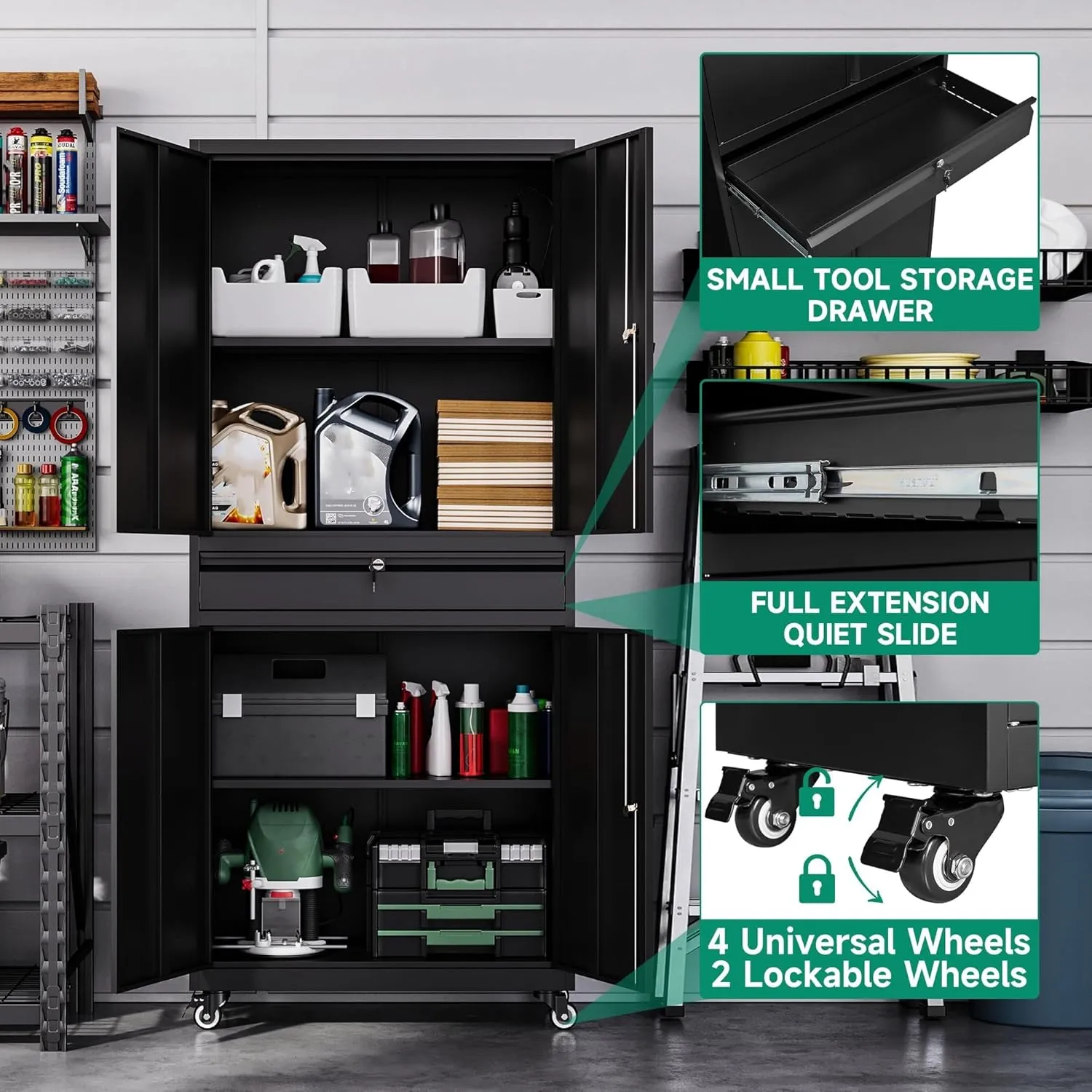 Letaya Metal Garage Storage Cabinet with Wheels,Rolling Tool Cabinet with 4 Door Lock-Adjustable Shelves and 1 Drawer for Garage Home Office Utility Room (Black with Wheels)