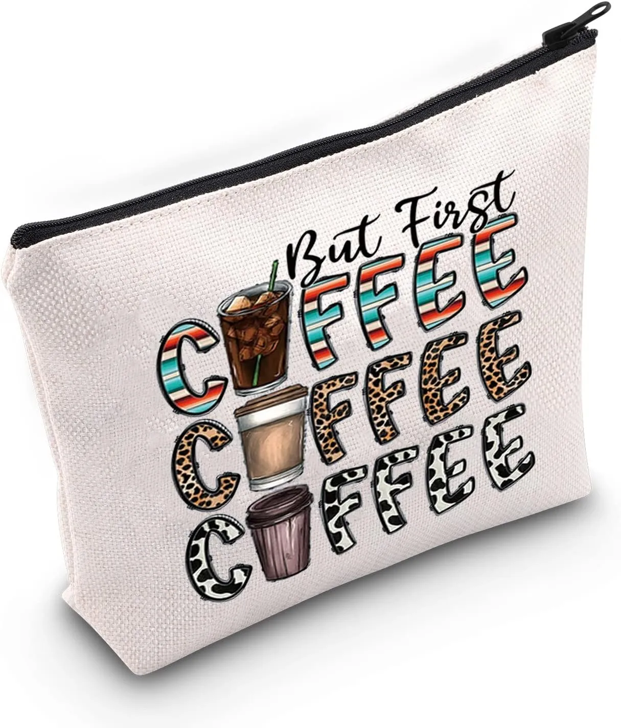 LEVLO Leopard Coffee Cosmetic Make Up Bag Coffee Lover Gift But First Coffee Make Up Zipper Pouch Bag For Coffeemaker (But First Coffee)