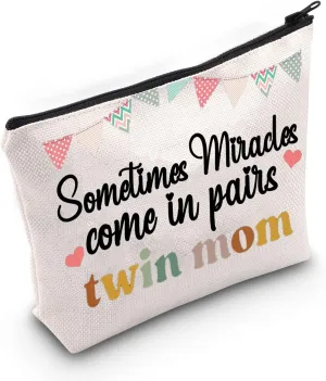 LEVLO Twins Mom Cosmetic Make Up Bag Twins Pregnancy Announcement Gift Sometimes Miracles Come In Pairs Make Up Zipper Pouch Bag (Twins Mom)