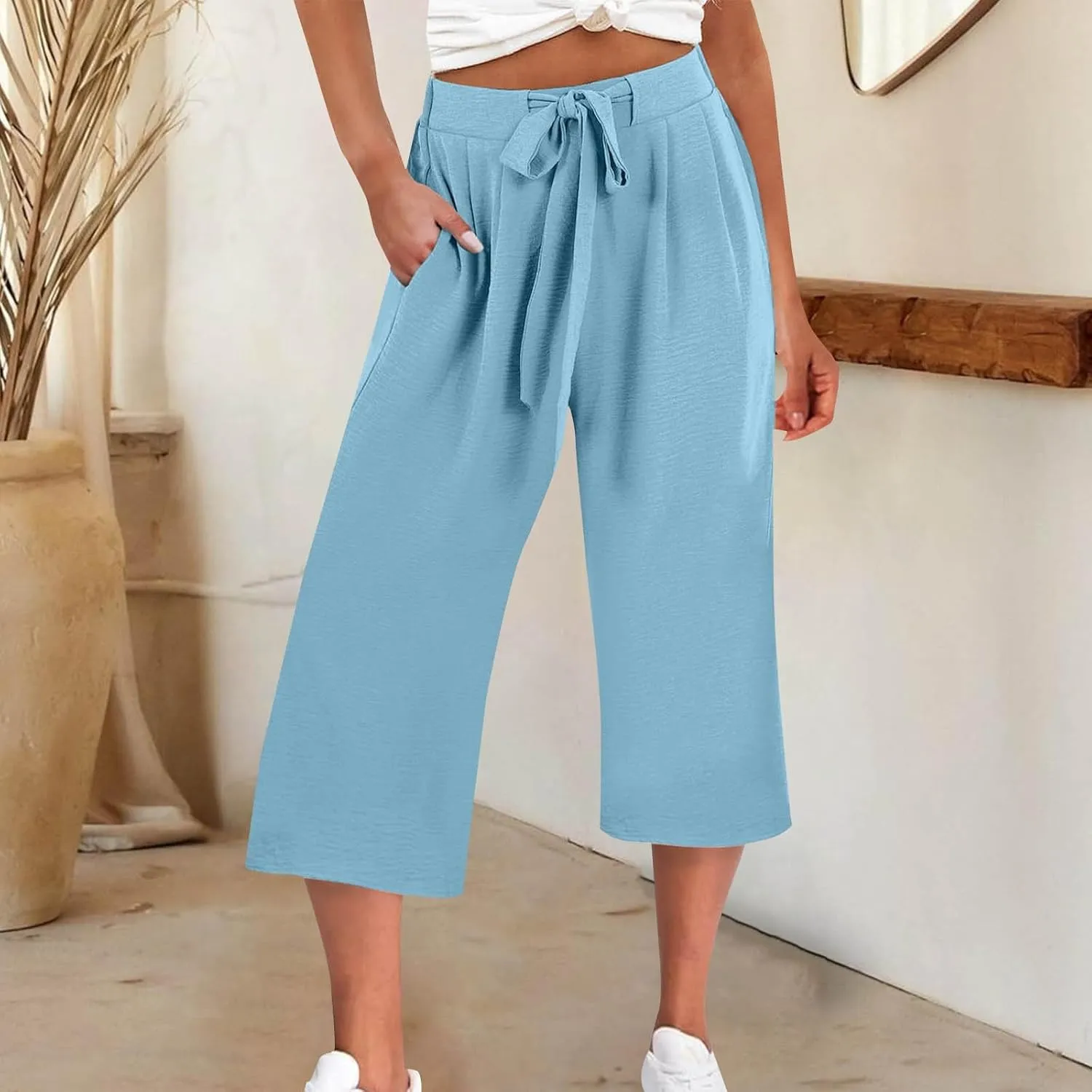 Lightweight Wide Leg Cropped Pants Linen Cropped Wide Leg Elastic Waist Casual Palazzo Trousers with Pockets