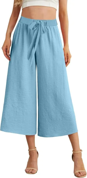 Lightweight Wide Leg Cropped Pants Linen Cropped Wide Leg Elastic Waist Casual Palazzo Trousers with Pockets