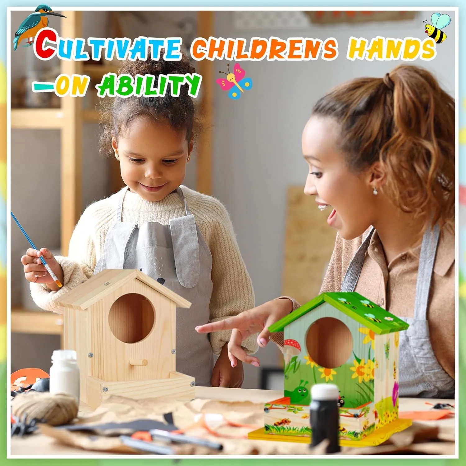 Liliful 6 Pack Wooden Birdhouse Kit DIY Bird House with Paint and Paintbrushes Art and Crafts Painting Kits for Boys Girls Adults Build Paint Classroom Birthday Indoor Outdoor Craft