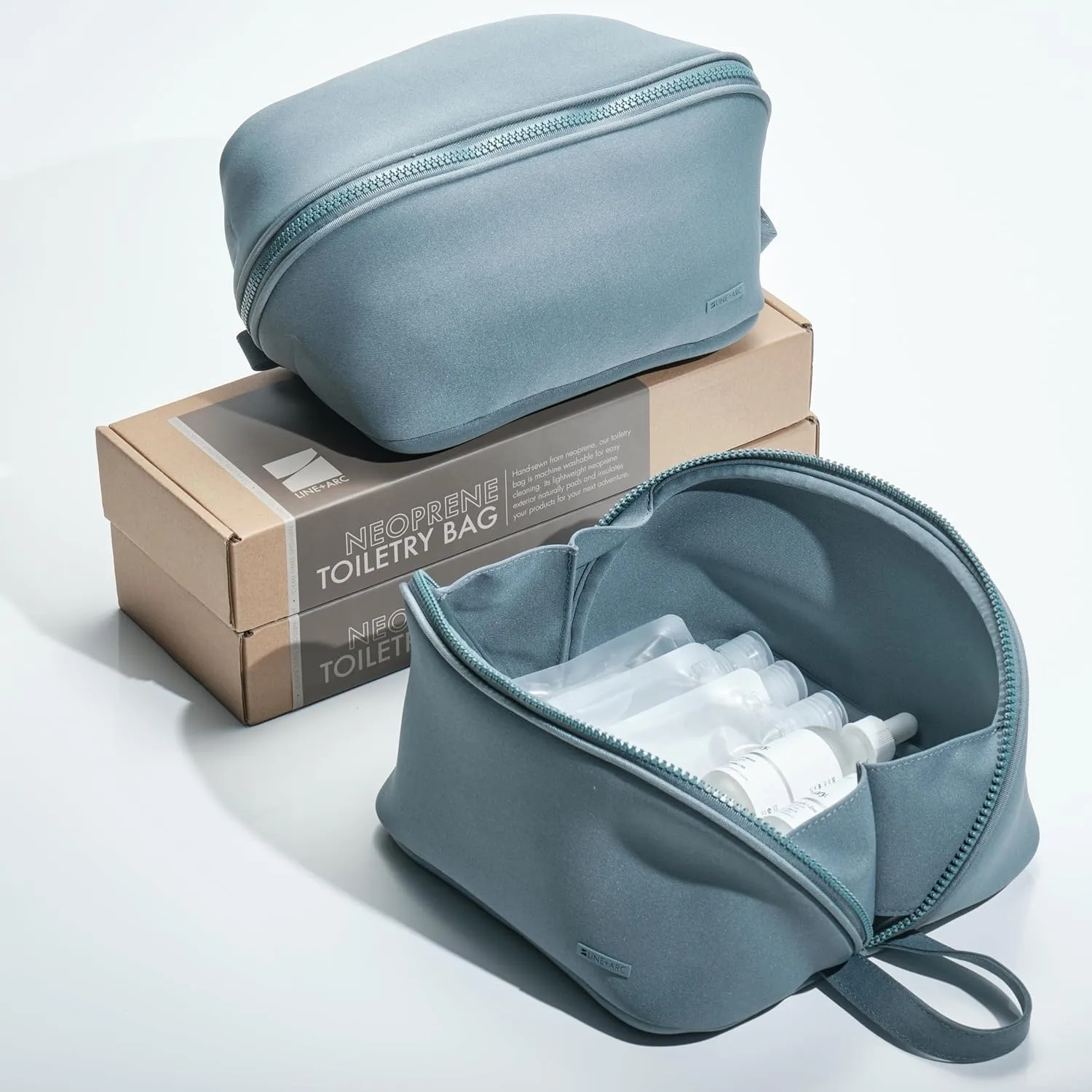 LINE ARC Machine-Washable Neoprene Toiletry Bag (Ocean) Modern Blue Dopp Kit Soft Insulation for Cosmetics Makeup Travel Skincare Shaving Large Case Men Women Overnight Easy-to-Clean