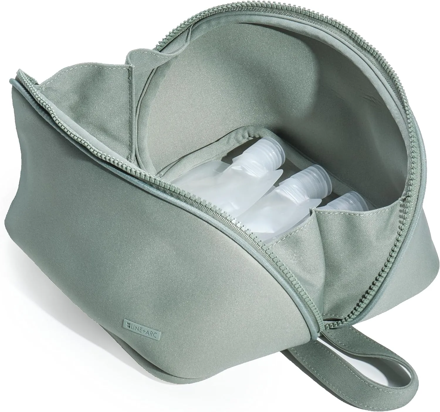 LINE ARC Machine-Washable Neoprene Toiletry Bag (Sage) Modern Green Dopp Kit Soft Insulation for Cosmetics Makeup Travel Skincare Shaving Large Case Men Women Overnight Easy-to-Clean