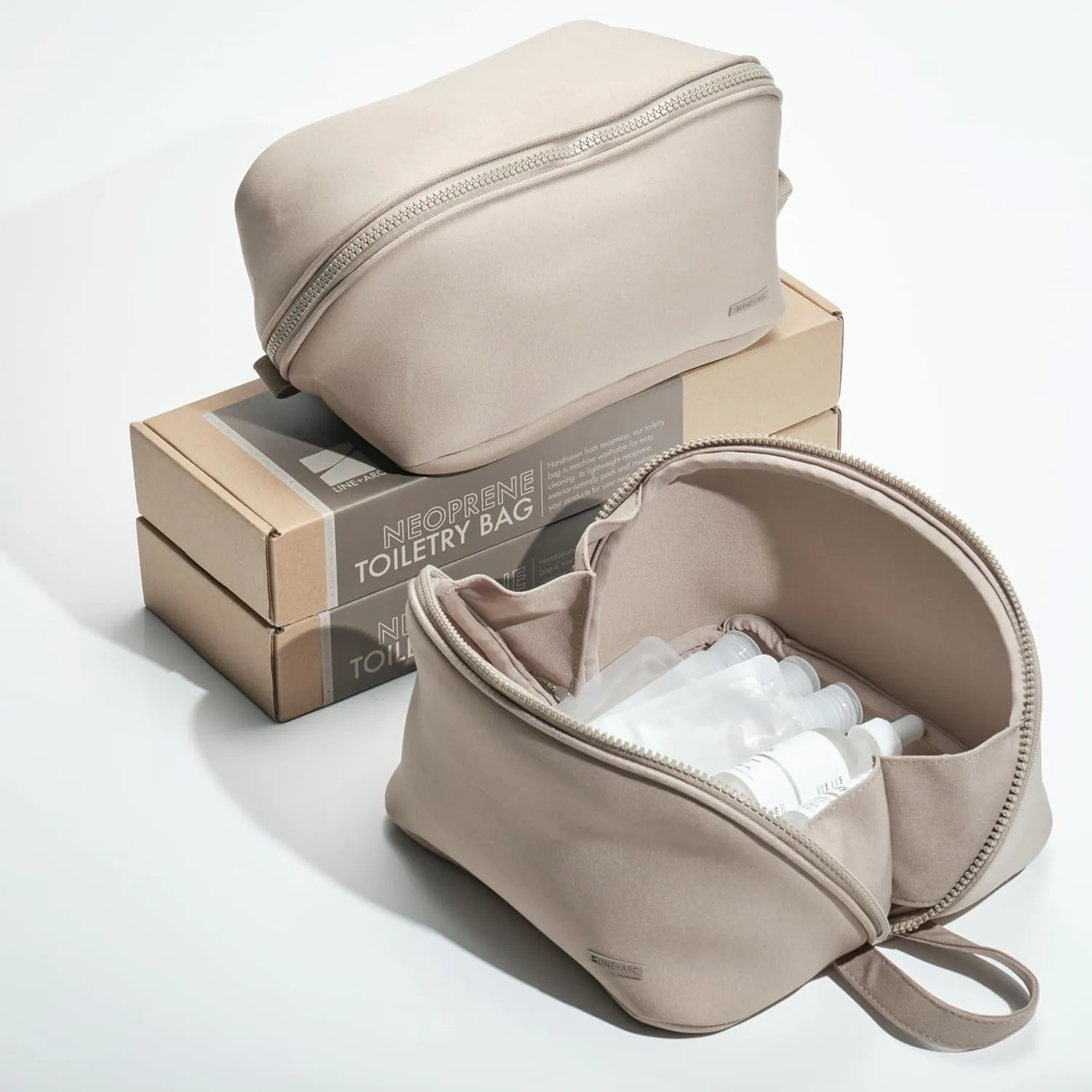 LINE ARC Machine-Washable Neoprene Toiletry Bag (Sandstone) Modern Taupe Beige Dopp Kit Soft Insulation Cosmetics Makeup Travel Skincare Shaving Large Case Men Women Overnight Easy-to-Clean