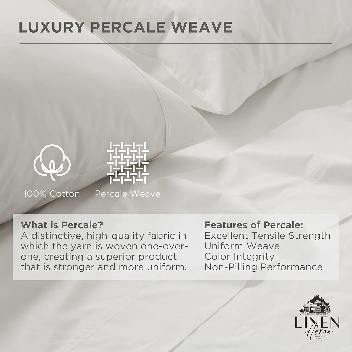 Linen Home 100% Cotton Percale Pillowcases Queen Size, White, 2 Pieces of Pillow Case, Crisp and Cool Strong Bed Linen, 20 inches X 30 inches