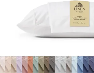 Linen Home 100% Cotton Percale Pillowcases Queen Size, White, 2 Pieces of Pillow Case, Crisp and Cool Strong Bed Linen, 20 inches X 30 inches