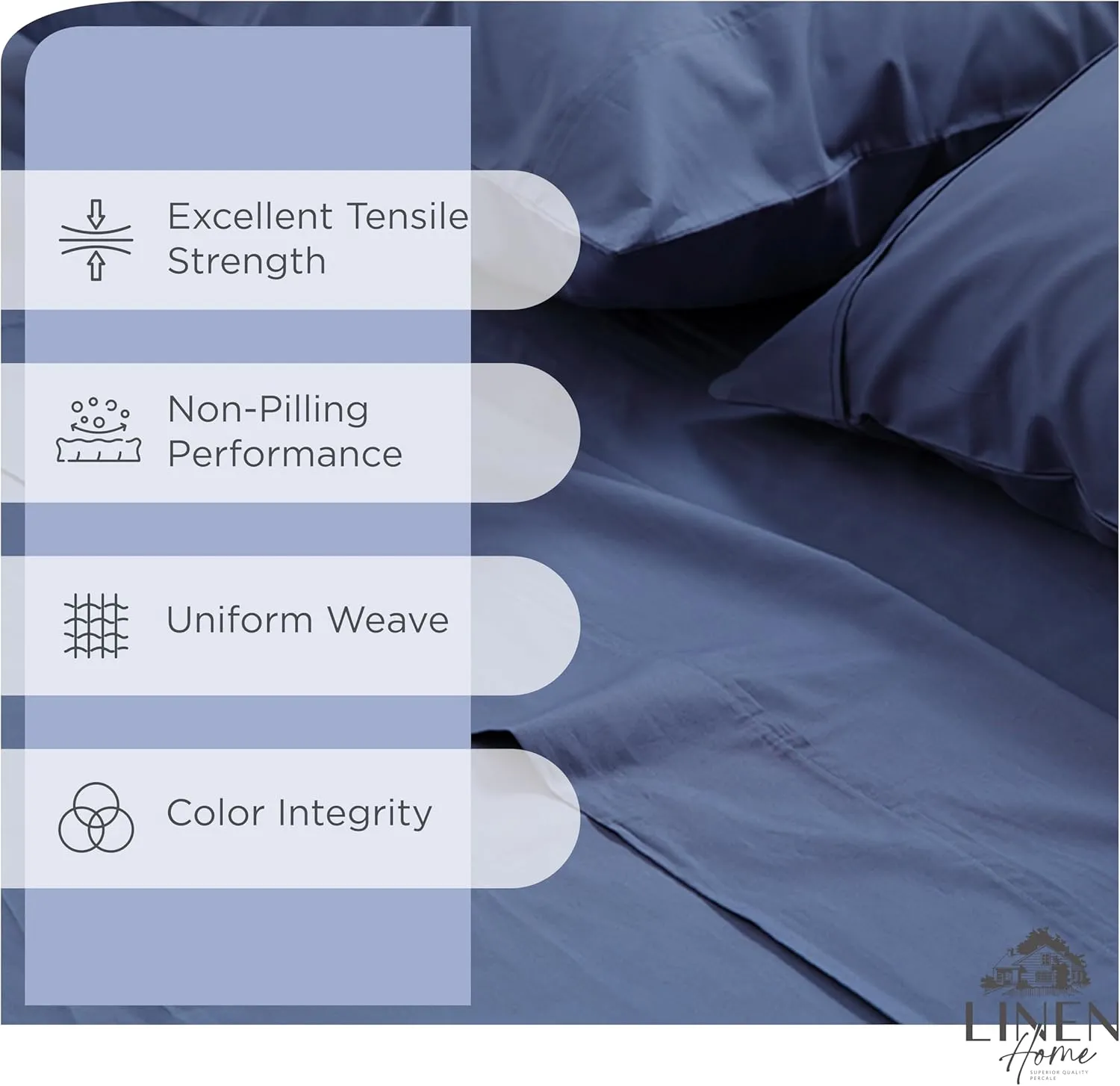 Linen Home 100% Cotton Percale Sheets King Size, Dark Blue, Deep Pocket, 4 Pieces Set - 1 Flat, 1 Deep Pocket Fitted Sheet and 2 Pillowcases, Crisp Cool and Strong Bed Linen