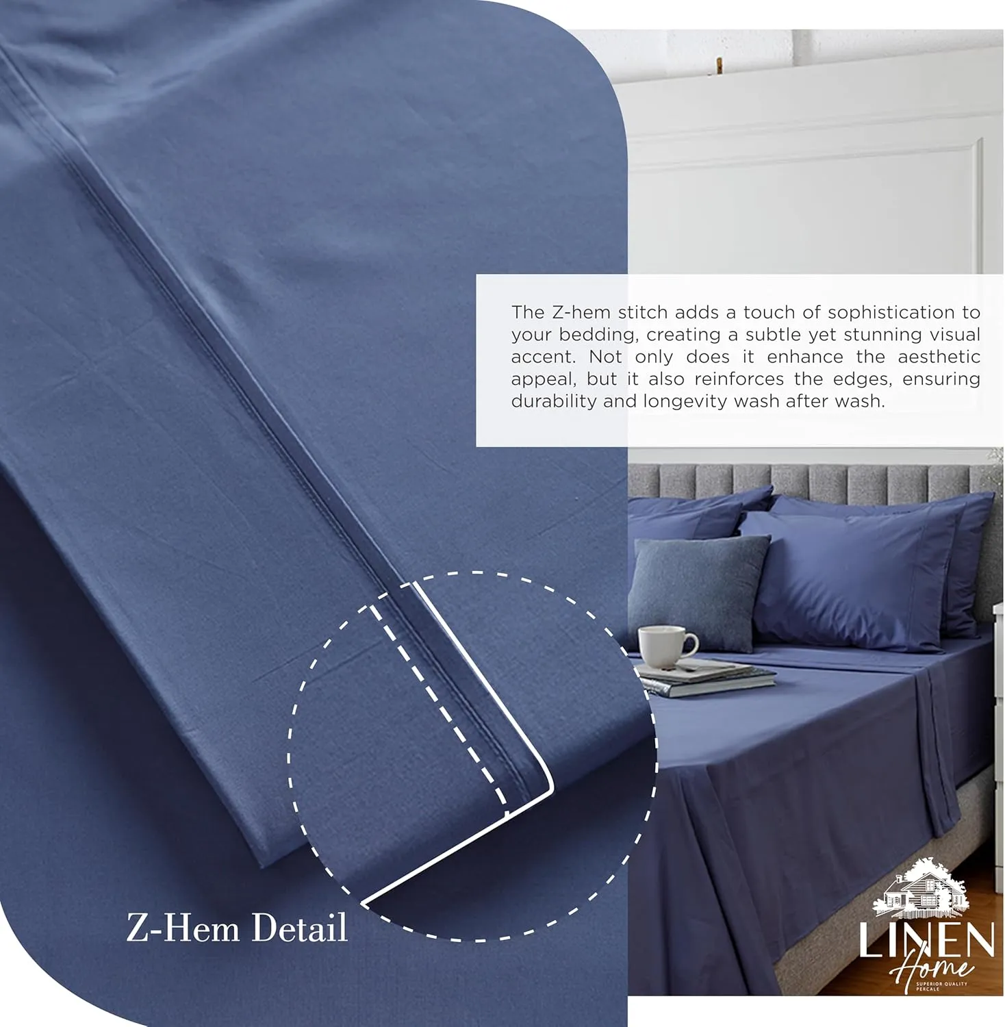 Linen Home 100% Cotton Percale Sheets King Size, Dark Blue, Deep Pocket, 4 Pieces Set - 1 Flat, 1 Deep Pocket Fitted Sheet and 2 Pillowcases, Crisp Cool and Strong Bed Linen