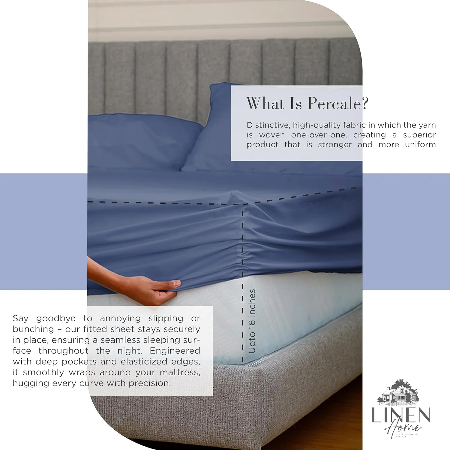 Linen Home 100% Cotton Percale Sheets King Size, Dark Blue, Deep Pocket, 4 Pieces Set - 1 Flat, 1 Deep Pocket Fitted Sheet and 2 Pillowcases, Crisp Cool and Strong Bed Linen