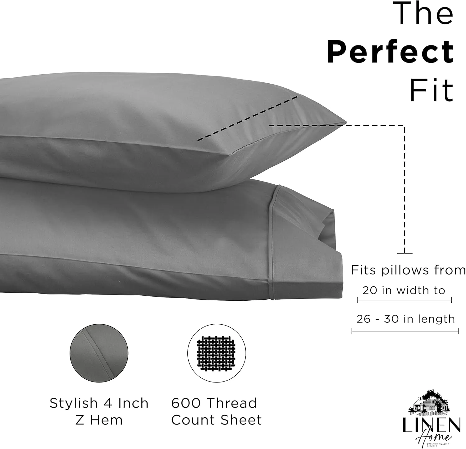 Linen Home 600 Thread Count Queen Pillowcase Set | 100% Long-Staple Cotton Pillow Cases | Soft & Smooth Luxury Satin Set of 2 Pillowcases | 4 Inch Z Hem | Charcoal