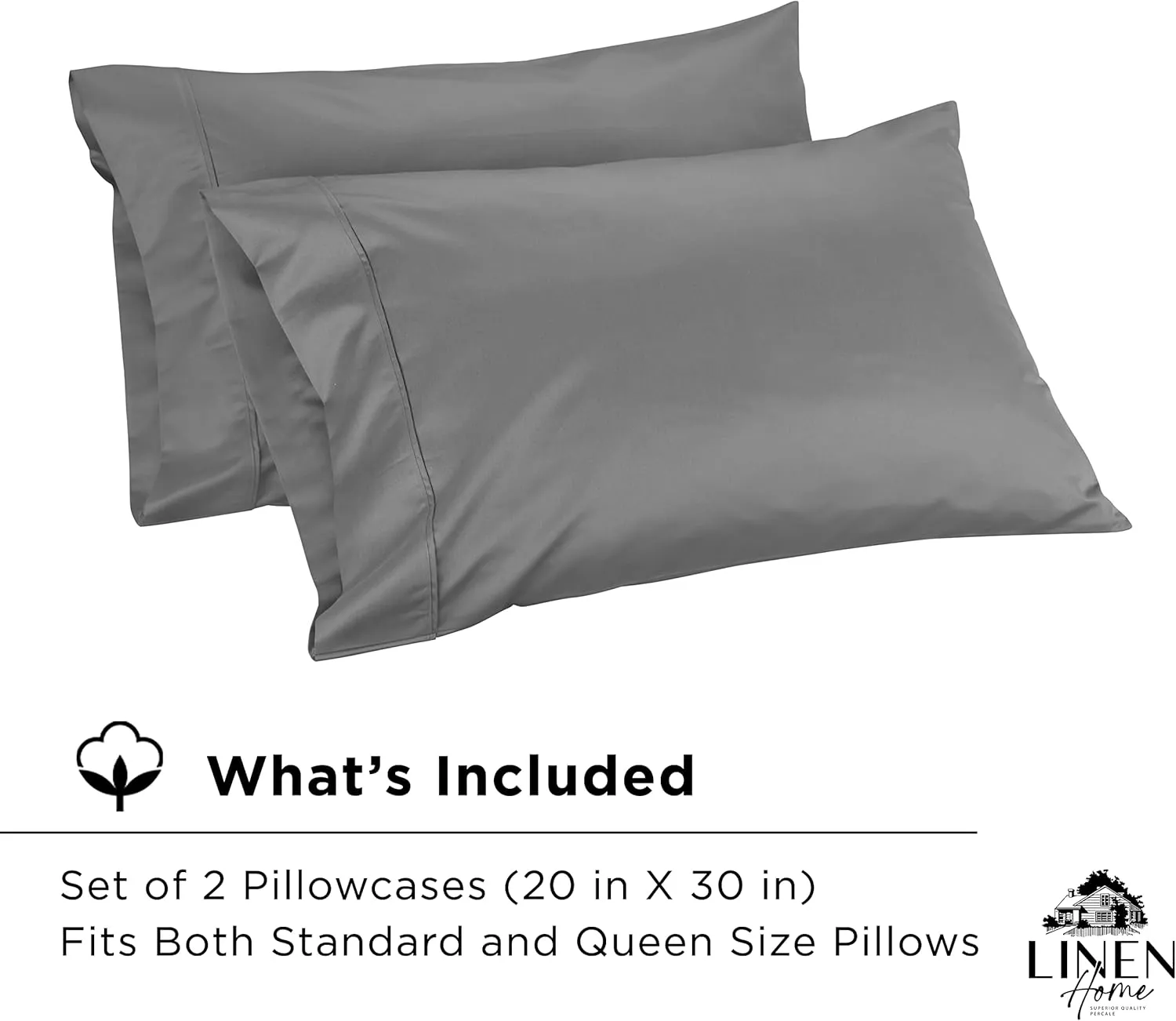 Linen Home 600 Thread Count Queen Pillowcase Set | 100% Long-Staple Cotton Pillow Cases | Soft & Smooth Luxury Satin Set of 2 Pillowcases | 4 Inch Z Hem | Charcoal