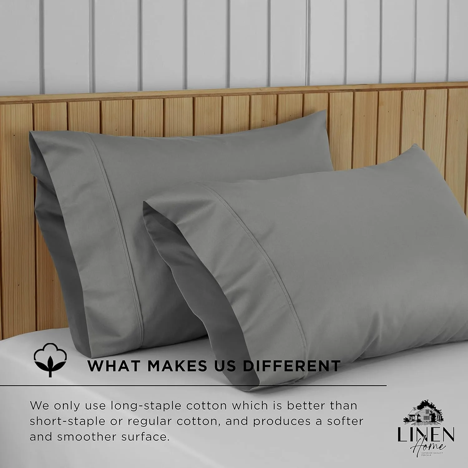 Linen Home 600 Thread Count Queen Pillowcase Set | 100% Long-Staple Cotton Pillow Cases | Soft & Smooth Luxury Satin Set of 2 Pillowcases | 4 Inch Z Hem | Charcoal
