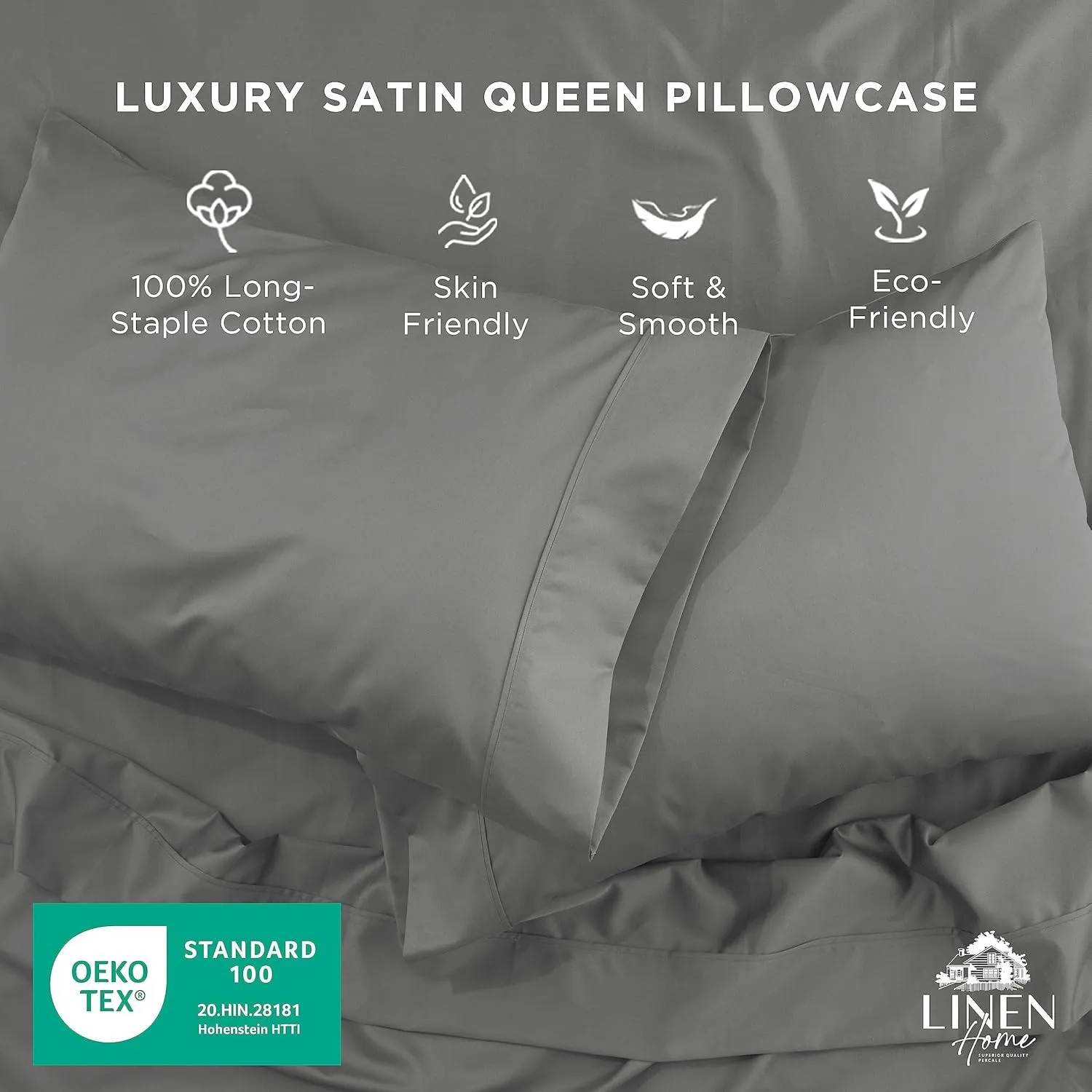Linen Home 600 Thread Count Queen Pillowcase Set | 100% Long-Staple Cotton Pillow Cases | Soft & Smooth Luxury Satin Set of 2 Pillowcases | 4 Inch Z Hem | Charcoal