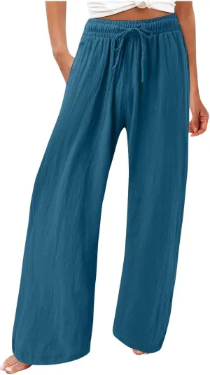 Linen Palazzo Pants for Womens 2025 Summer High Waisted Flowy Wide Leg Drawstring Casual Trousers Beach Vacation Outfits