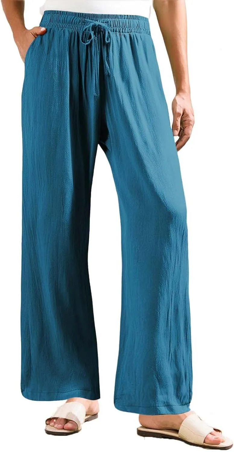 Linen Palazzo Pants for Womens 2025 Summer High Waisted Flowy Wide Leg Drawstring Casual Trousers Beach Vacation Outfits
