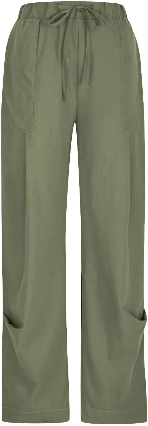 Linen Pants Women Casual Loose Elastic Waist Trousers Summer Lightweight Wide Leg Palazzo Pant Summer Outfits 2025