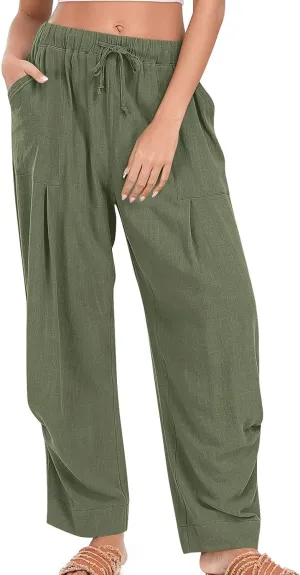 Linen Pants Women Casual Loose Elastic Waist Trousers Summer Lightweight Wide Leg Palazzo Pant Summer Outfits 2025