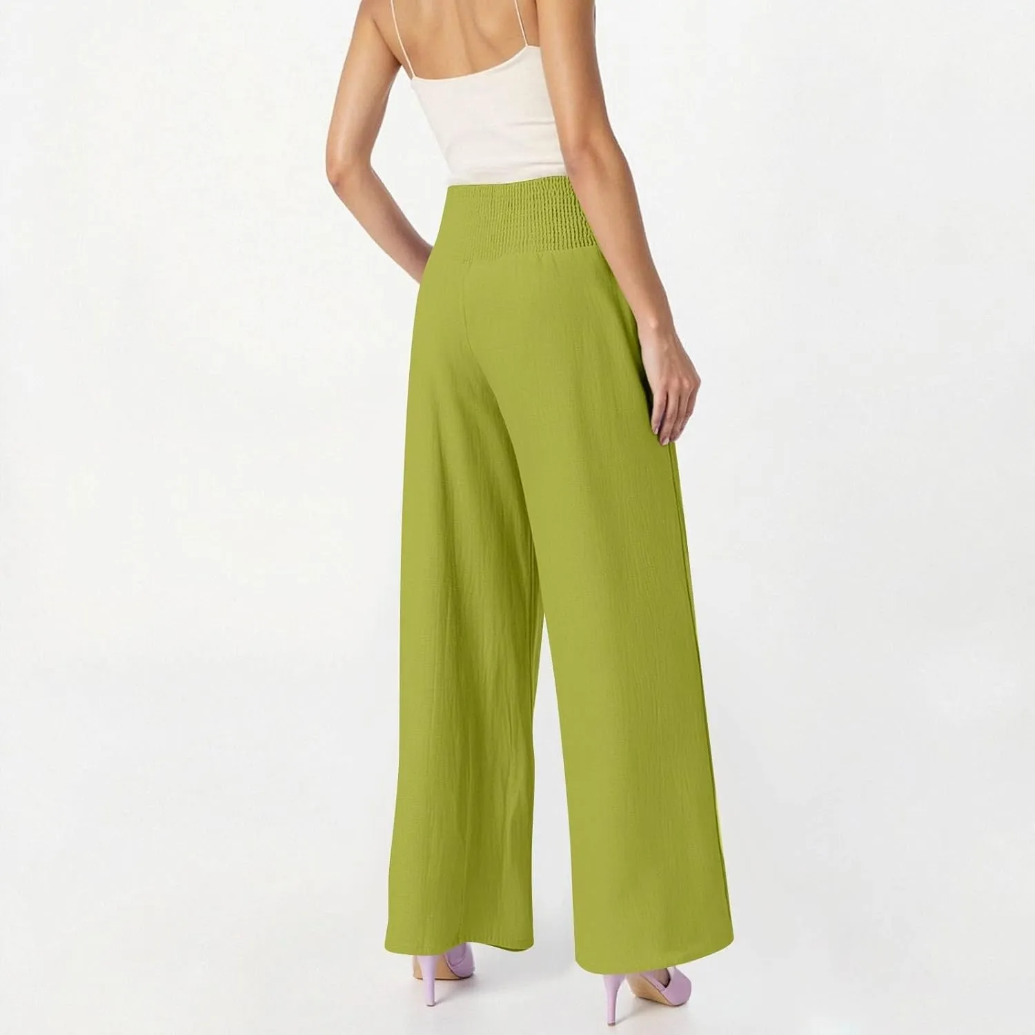 Linen Pants Women Summer High Waisted Palazzo Pants Pleated Lounge Pant Baggy Flowy Trousers with Pockets (S-XXL)