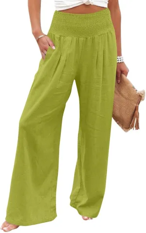 Linen Pants Women Summer High Waisted Palazzo Pants Pleated Lounge Pant Baggy Flowy Trousers with Pockets (S-XXL)