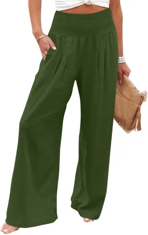 Linen Pants Women Summer High Waisted Palazzo Pants Pleated Lounge Pant Baggy Flowy Trousers with Pockets (S-XXL)