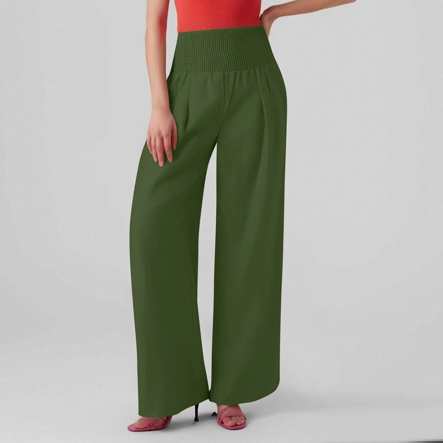 Linen Pants Women Summer High Waisted Palazzo Pants Pleated Lounge Pant Baggy Flowy Trousers with Pockets (S-XXL)