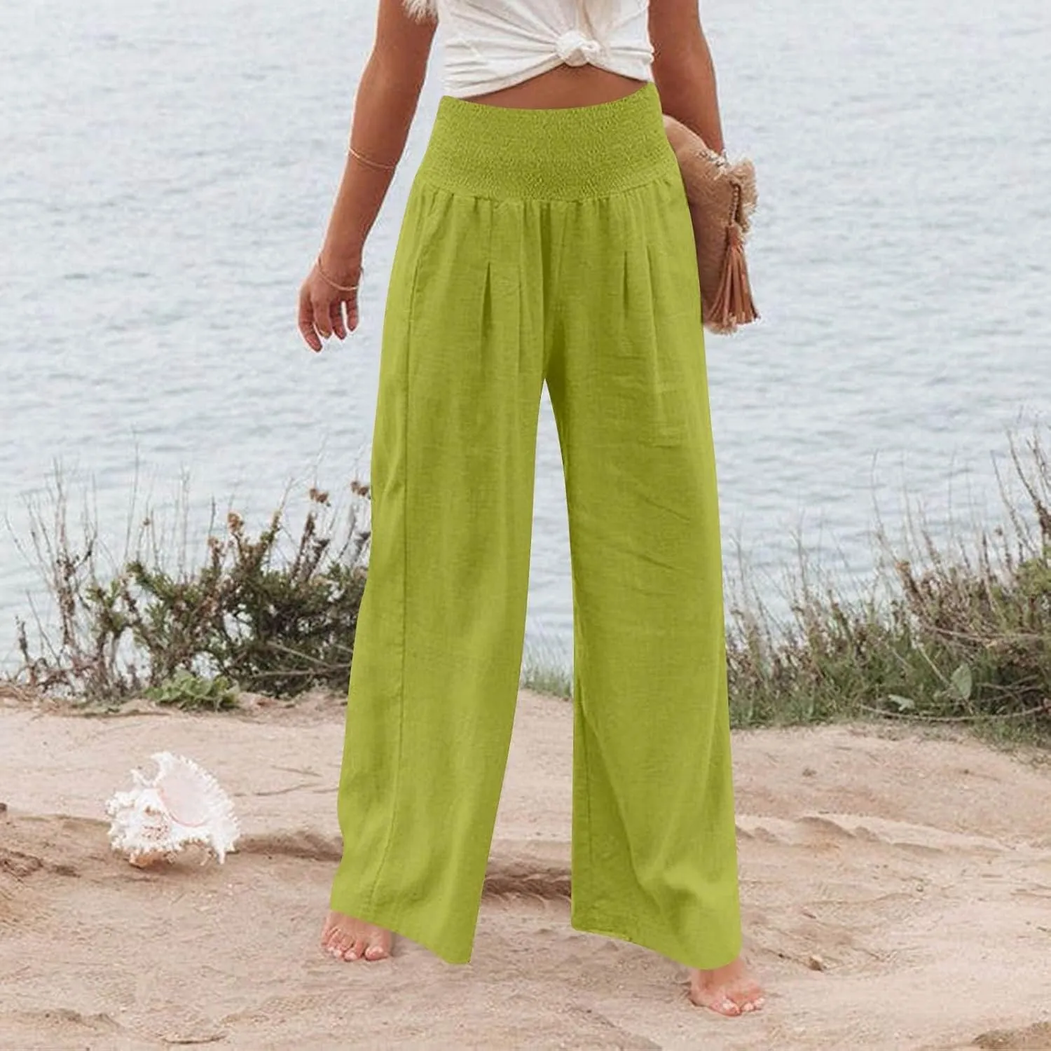 Linen Pants Women Summer High Waisted Palazzo Pants Pleated Lounge Pant Baggy Flowy Trousers with Pockets (S-XXL)