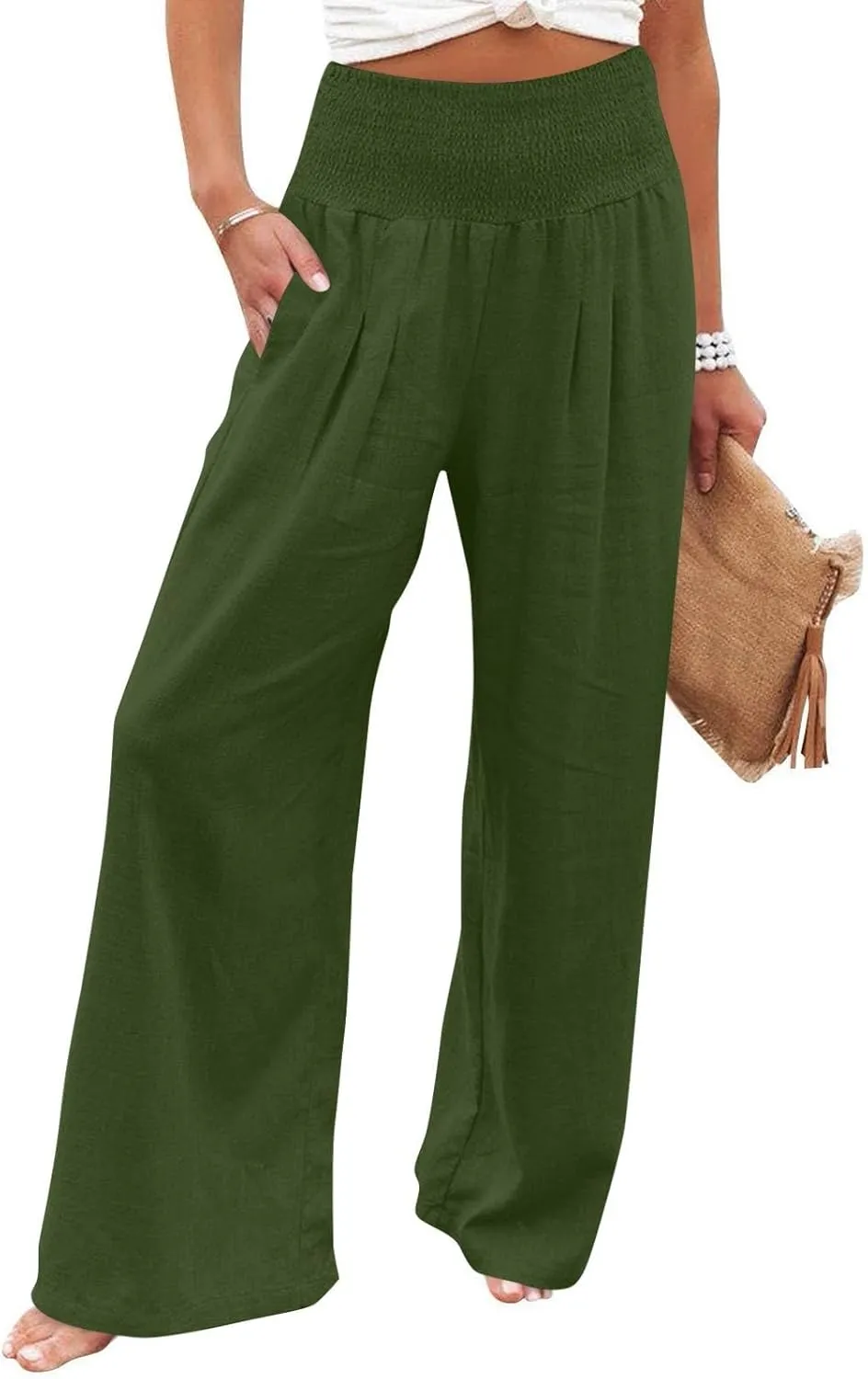 Linen Pants Women Summer High Waisted Palazzo Pants Pleated Lounge Pant Baggy Flowy Trousers with Pockets (S-XXL)