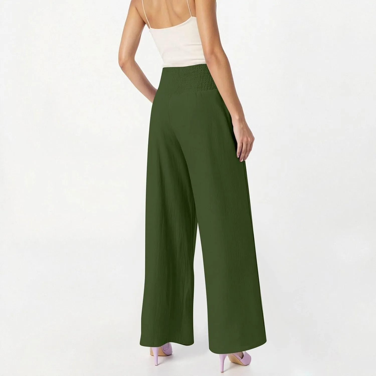 Linen Pants Women Summer High Waisted Palazzo Pants Pleated Lounge Pant Baggy Flowy Trousers with Pockets (S-XXL)