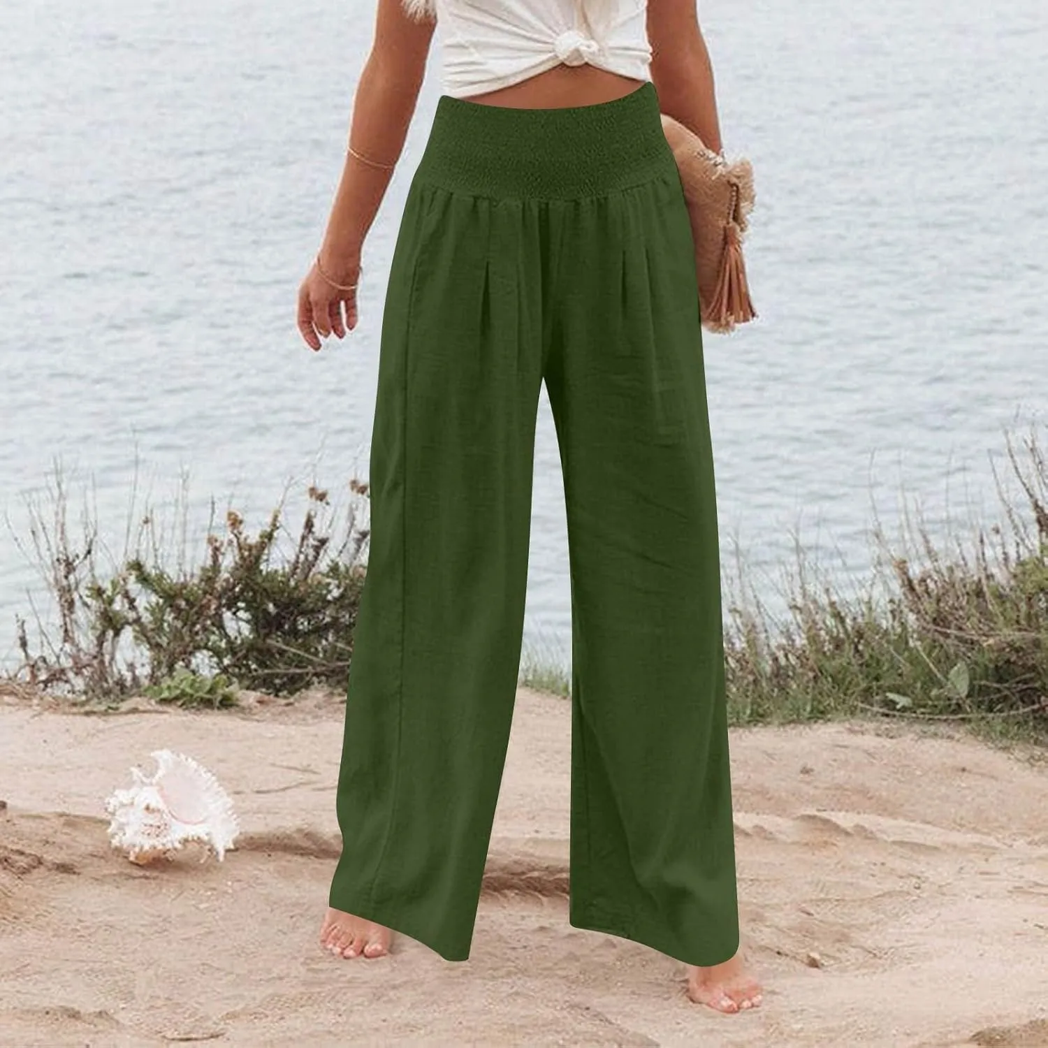 Linen Pants Women Summer High Waisted Palazzo Pants Pleated Lounge Pant Baggy Flowy Trousers with Pockets (S-XXL)