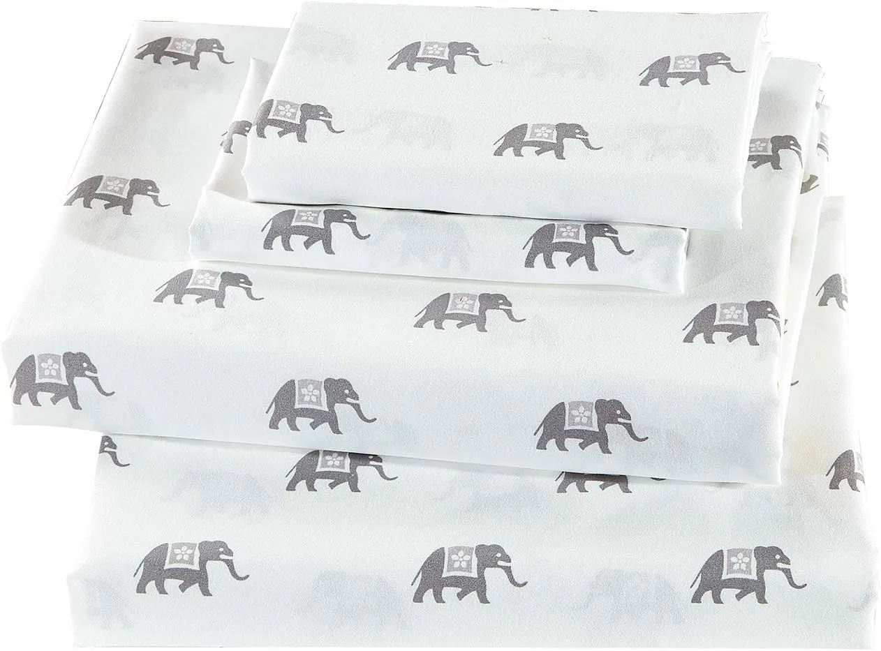 Linen Plus Sheet Set Elephant Grey/White Elephants Flat Sheet Fitted Sheet and Pillow Cases Full Size New