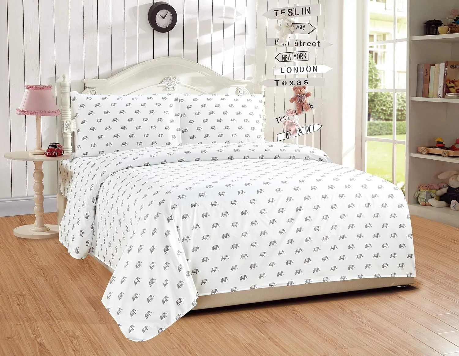 Linen Plus Sheet Set Elephant Grey/White Elephants Flat Sheet Fitted Sheet and Pillow Cases Full Size New