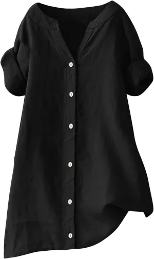 linen shirts for women 2024 Solid Color Medium Sleeve Collar Casual Women's Shirt Women's Shirt Womens Summer Tops
