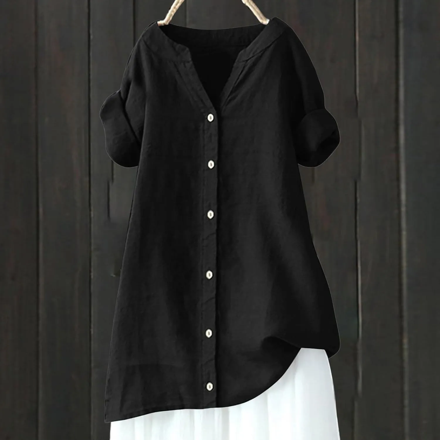 linen shirts for women 2024 Solid Color Medium Sleeve Collar Casual Women's Shirt Women's Shirt Womens Summer Tops