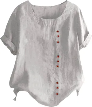 Linen Shirts for Women 2025 Summer Cotton Linen Tops Loose Fit Casual Roll Up Short Sleeve T-Shirt Trendy Blouse