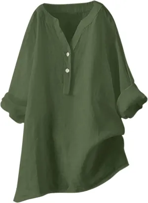 Linen Shirts for Women Linen Button Down Shirt Plus Size V Neck 3/4 Length Sleeve Vacation Tops Dressy Casual Blouses
