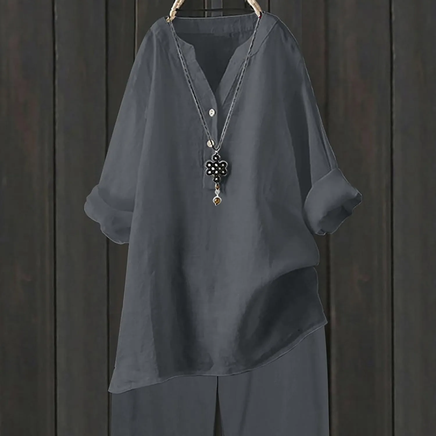 Linen Shirts for Women Linen Button Down Shirt Plus Size V Neck 3/4 Length Sleeve Vacation Tops Dressy Casual Blouses