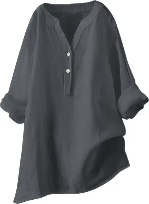 Linen Shirts for Women Linen Button Down Shirt Plus Size V Neck 3/4 Length Sleeve Vacation Tops Dressy Casual Blouses