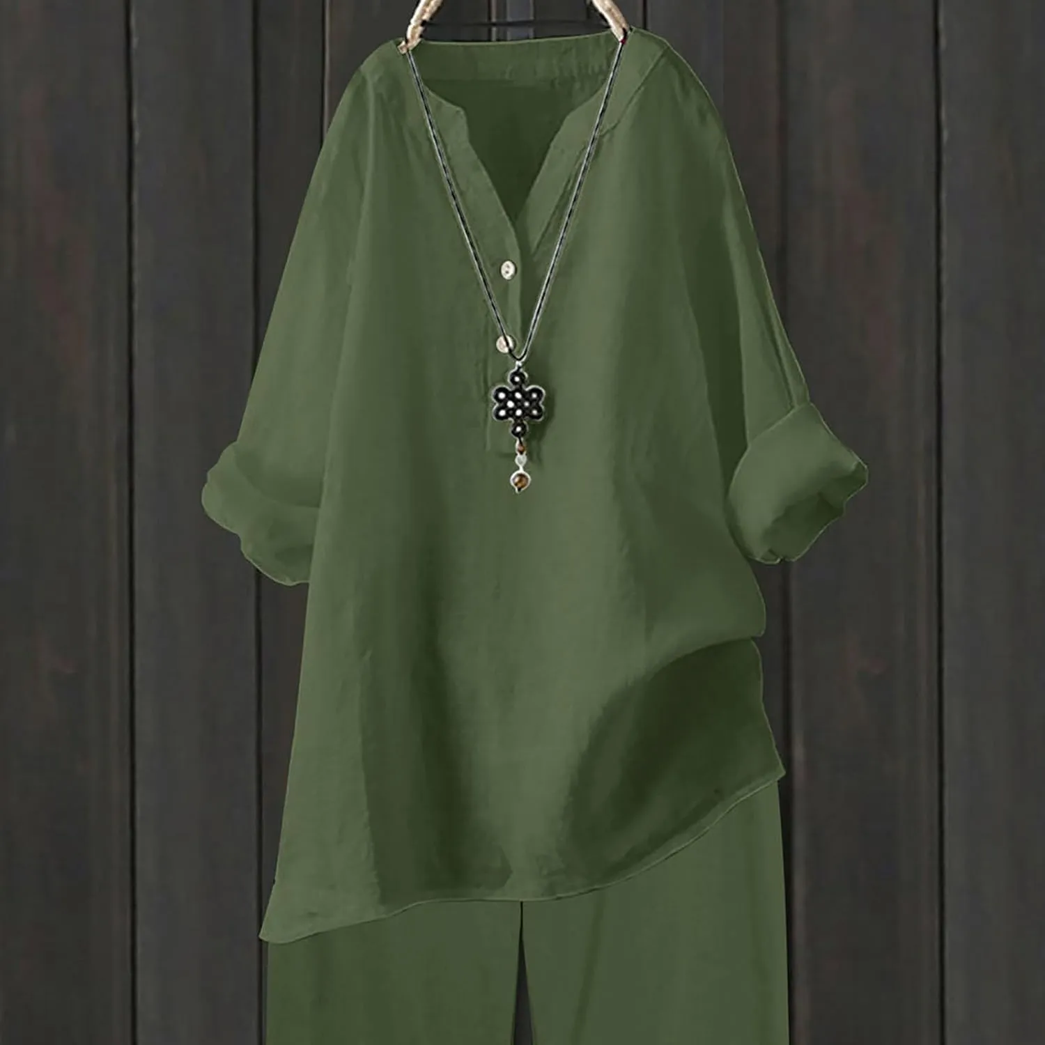 Linen Shirts for Women Linen Button Down Shirt Plus Size V Neck 3/4 Length Sleeve Vacation Tops Dressy Casual Blouses