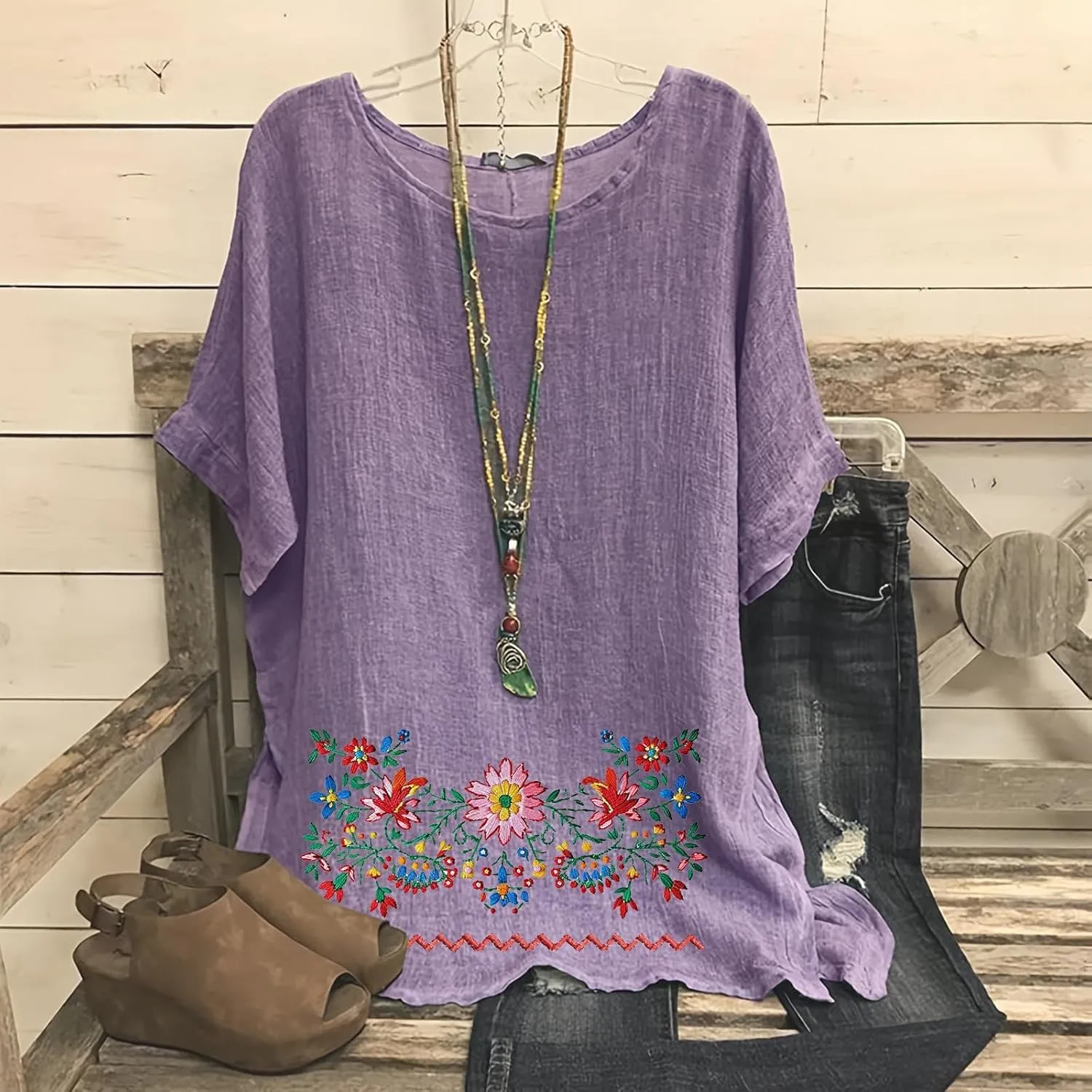 Linen Shirts for Women Short Sleeve Casual Tops Loose Fit Round Neck Blouses Fashion Graphic Print T-Shirts
