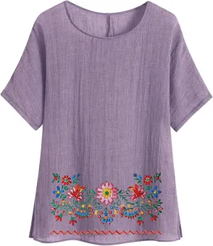 Linen Shirts for Women Short Sleeve Casual Tops Loose Fit Round Neck Blouses Fashion Graphic Print T-Shirts