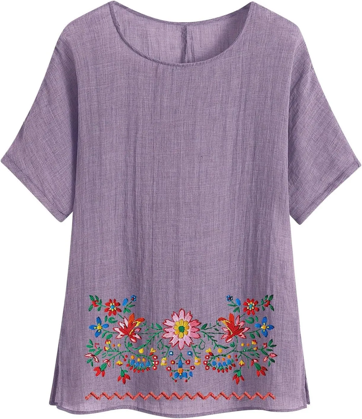 Linen Shirts for Women Short Sleeve Casual Tops Loose Fit Round Neck Blouses Fashion Graphic Print T-Shirts