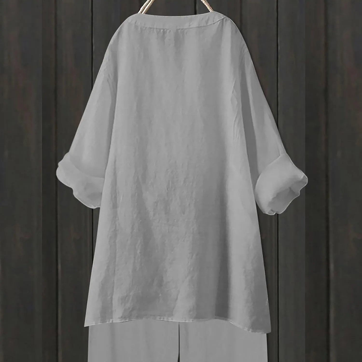 Linen Shirts for Women Summer Trendy Cotton Roll-Up Sleeve Shirts Dressy Casual Button V Neck Blouse Loose Gauze Top