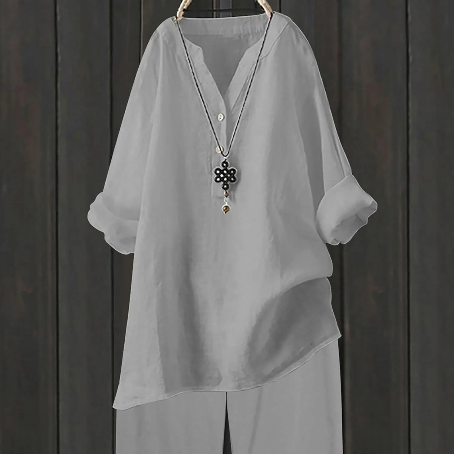 Linen Shirts for Women Summer Trendy Cotton Roll-Up Sleeve Shirts Dressy Casual Button V Neck Blouse Loose Gauze Top