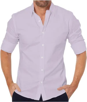 Linen Shirts Men Long Sleeve Cotton Button Down Solid Color Dress Shirt Lapel Trendy Casual Comfy Summer Tees Blouses